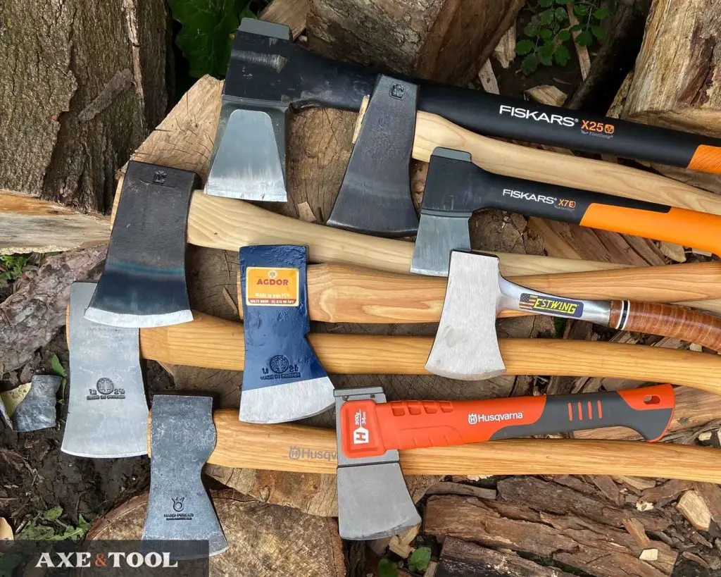 pile of affordable axes from different makers