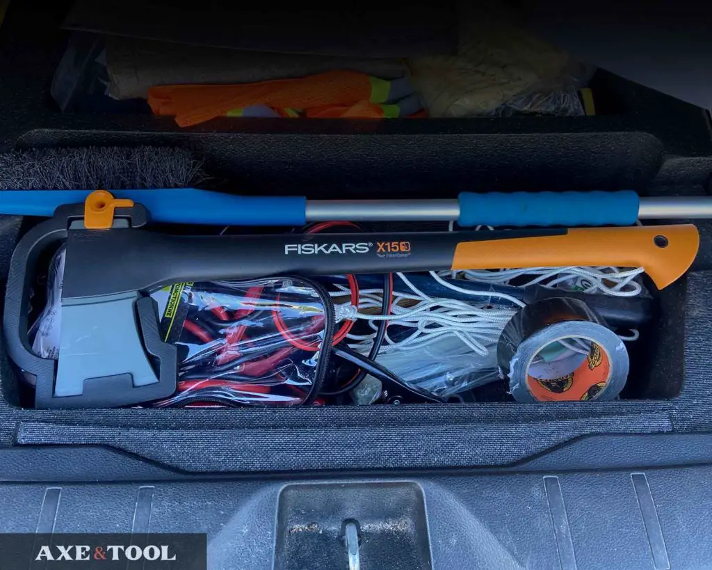 fiskars x15 in the trunk of a car
