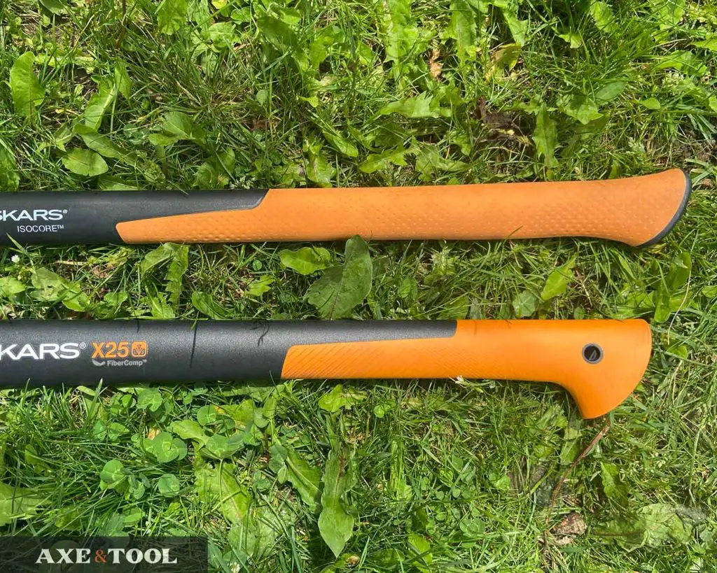 Fiskars Maul and Splitting Axe Handle grips side-by-side in the grass