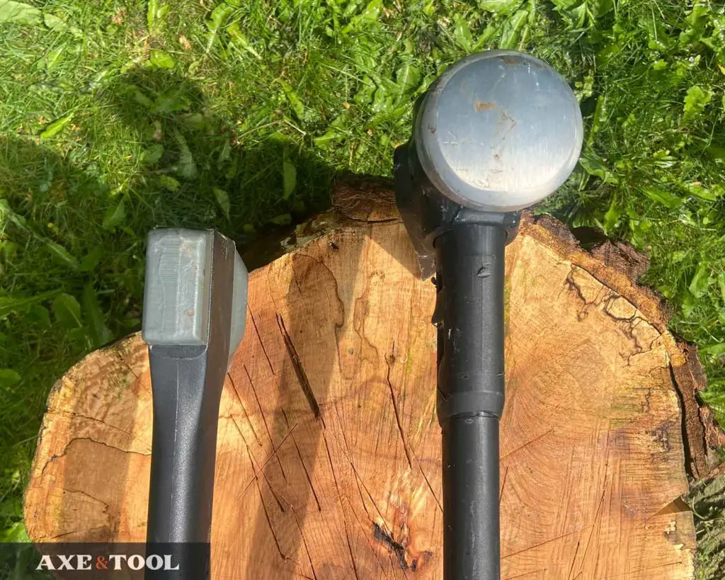 Comparing the backs of the Fiskars splitting axe and maul heads