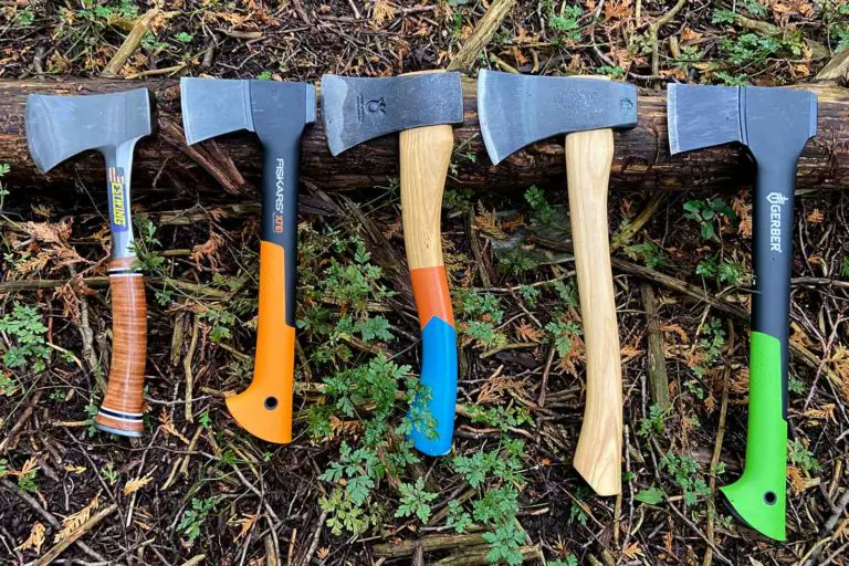 row of 5 common camping hatchets
