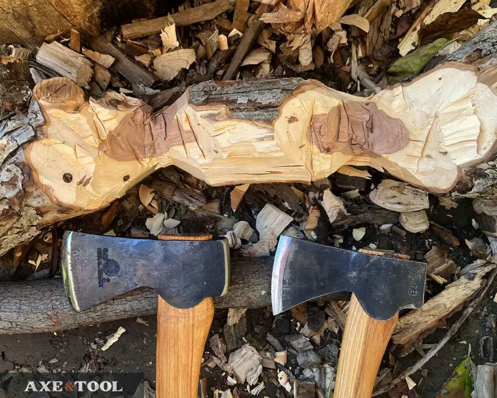 Gransfors Bruk Small forest axe next to Hults Bruk Aneby chopping
