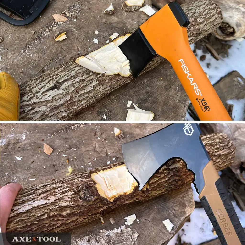 Fiskars X5 and Gerber Pack Axe comparison chopping into a log
