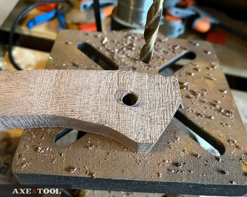drilling a lanyard hole in an axe handle blank