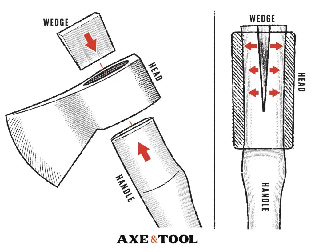 Diagram of how a simple machine wedge holds an axe together