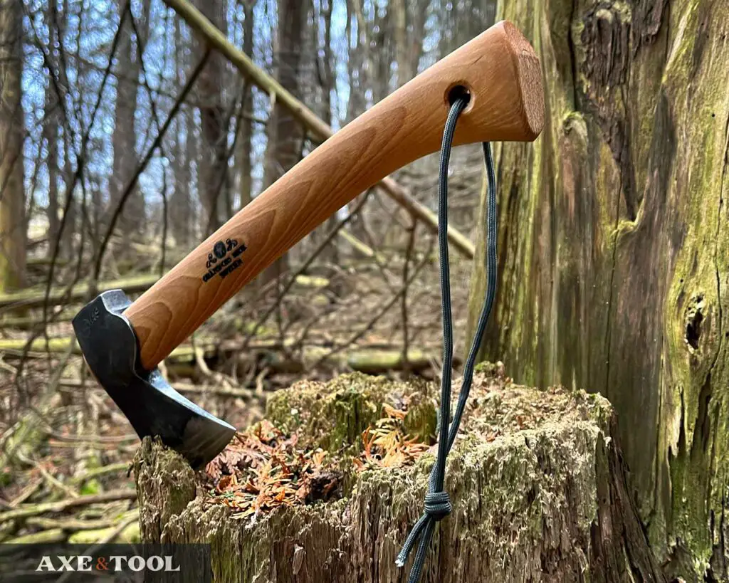 hatchet in a stump with a paracord lanyard dangling down