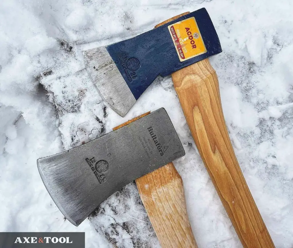 Hults Bruk Agdor Yankee and Montreal pattern axes sitting in the snow
