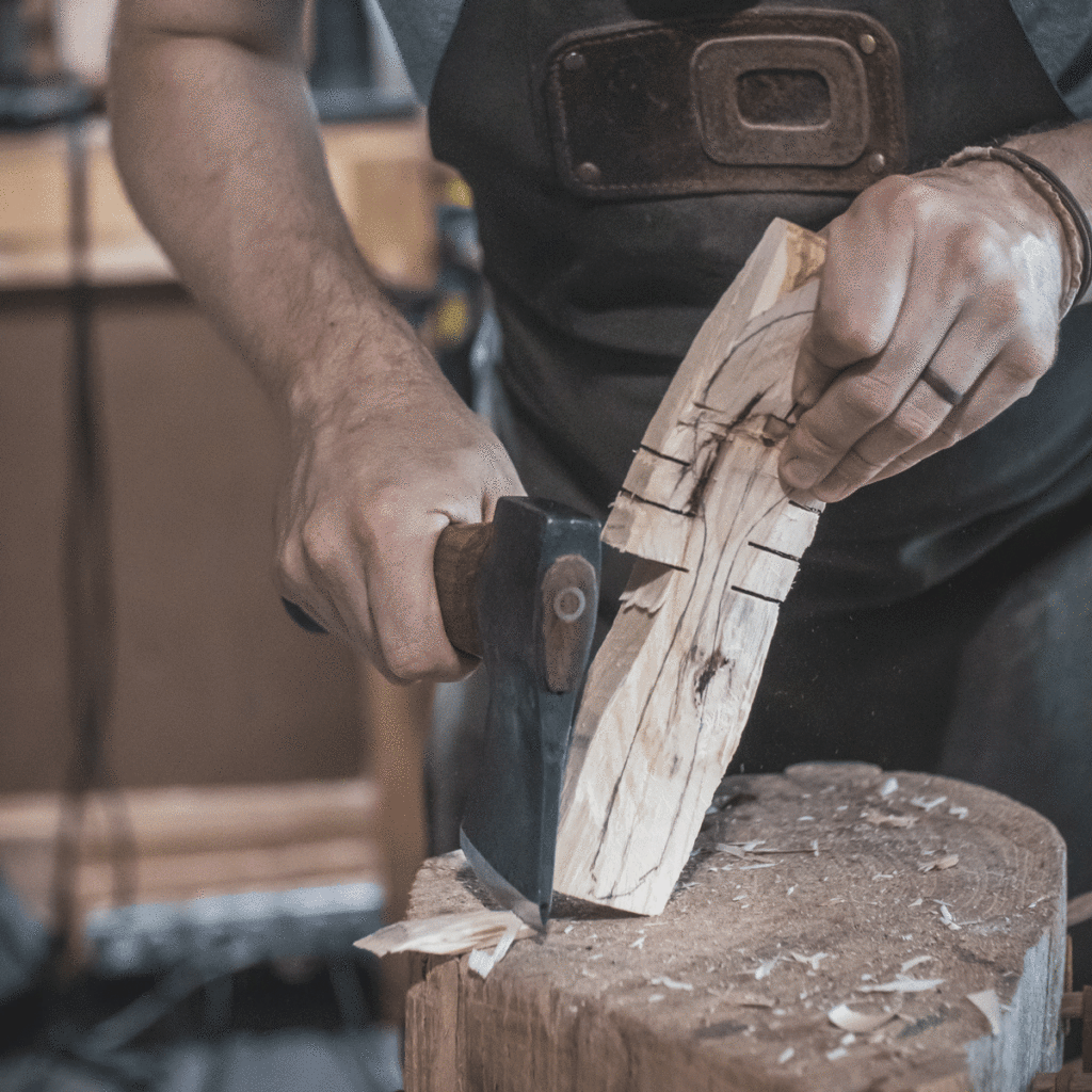 Bump cut wood removal while axe carving