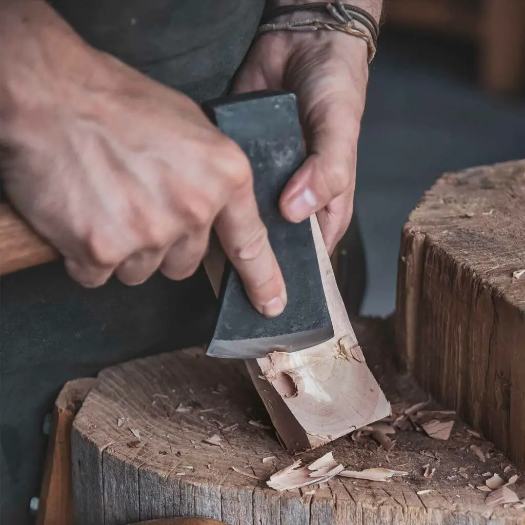 Plane cutting the surface of a billet with an axe while carving a spoon