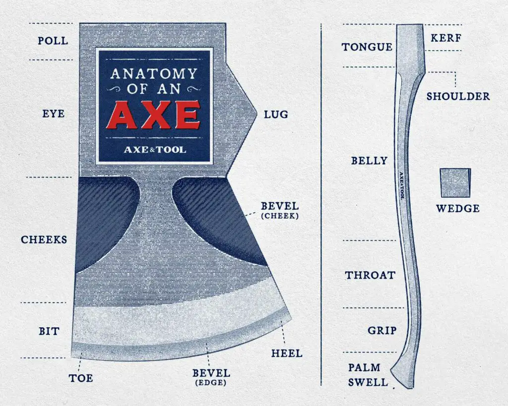 Anatomy of an axe illustrated and labeled diagram